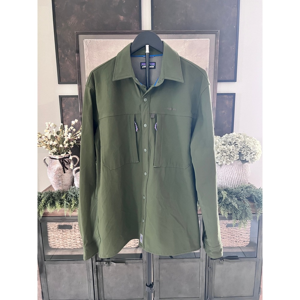 Patagonia Worn Wear Snap Dry Long Sleeve Olive Green Grid Softshell Shirt Jacket